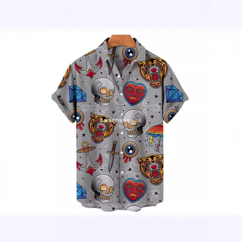 European and American long-sleeved, cross-border Hawaiian 3D digital print, short-sleeved shirt with a mandarin collar, featuring warrior elements; custom orders are welcome