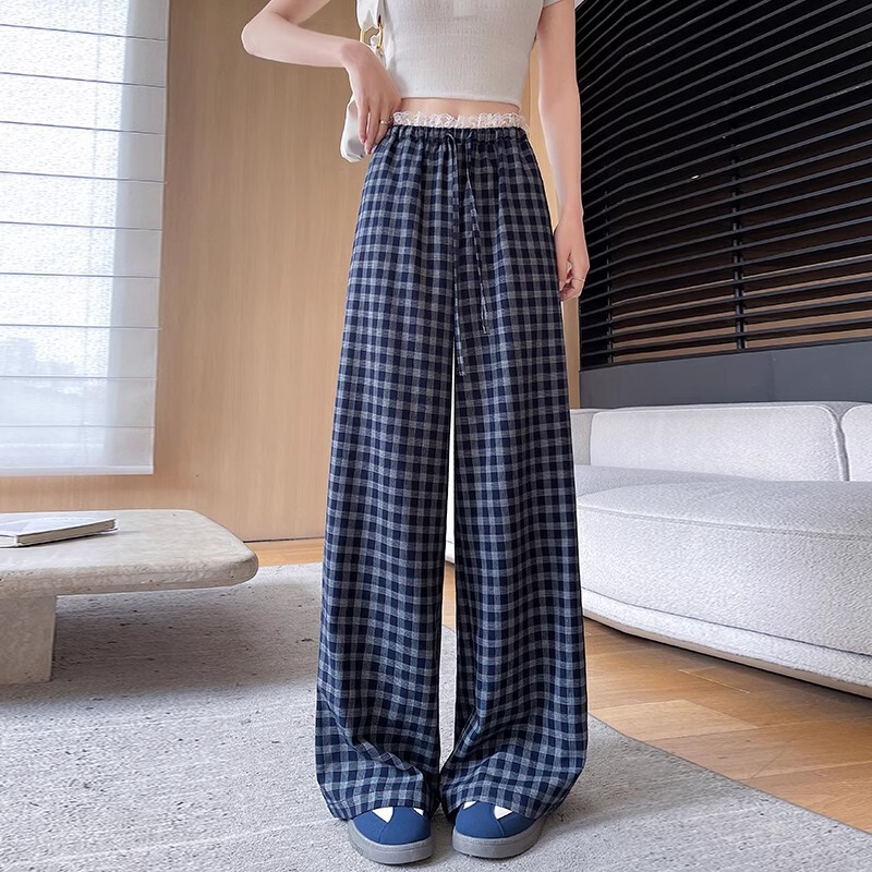 松紧腰蓝色格子蕾丝直筒裤女春夏秋高腰宽松休闲慵懒风垂感阔腿裤|undefined