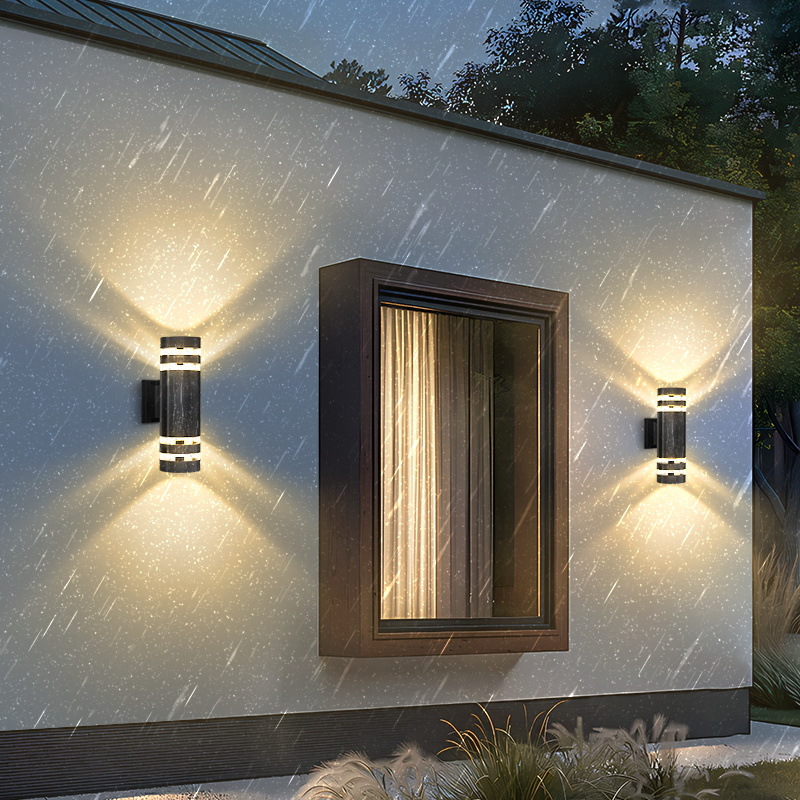 Lámpara de pared impermeable para exteriores de doble cabezal E27, iluminación ascendente y descendente de plástico, luz frontal para puerta de pasillo, luz LED colgante de pared para patio.