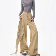 美式复古卡其色屁帘牛仔工装裤女2026春秋新款辣妹爵士舞阔腿长裤
