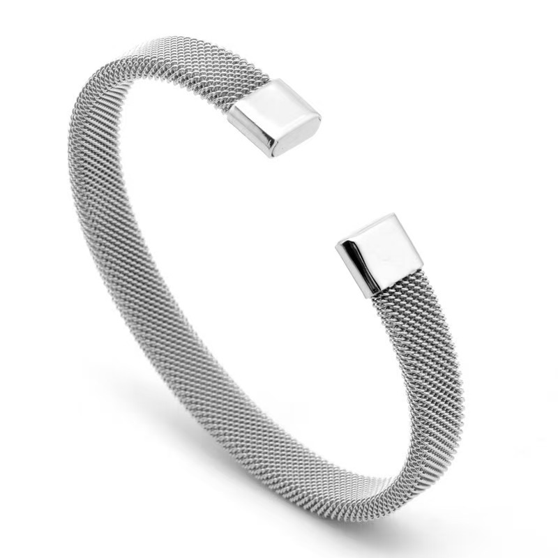Cross-border European and American lightweight luxury stainless steel C-shaped mesh elastic open bangle bracelet, unisex, adjustable size