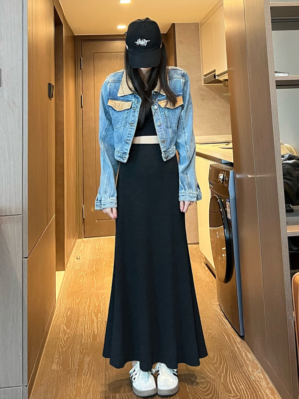 鱼尾半身裙中长款女秋季2025高腰显瘦梨形身材遮胯黑色长裙A7213|undefined