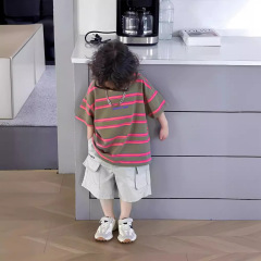 Children's Striped Print T-shirt for Boys, 2024 Summer Casual Short Sleeve, Versatile Children's Clothing, Comfortable Top for Kids