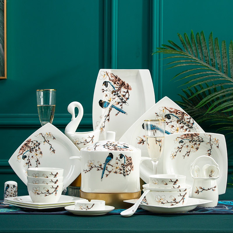 Dish Set Chinese-style Household Jingdezhen Ceramic Tableware Bone China Bowls and Plates Square Household Bowls and Chopsticks Set