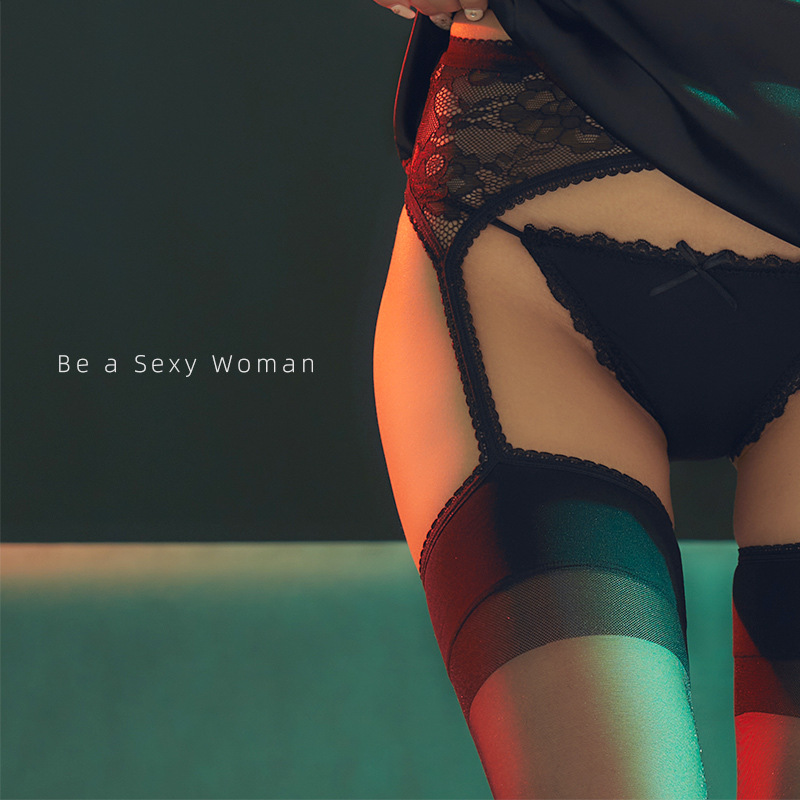 [Provoke] 3D integrated lace suspenders stockings pearlescent black stockings crotch sexy silky summer Women