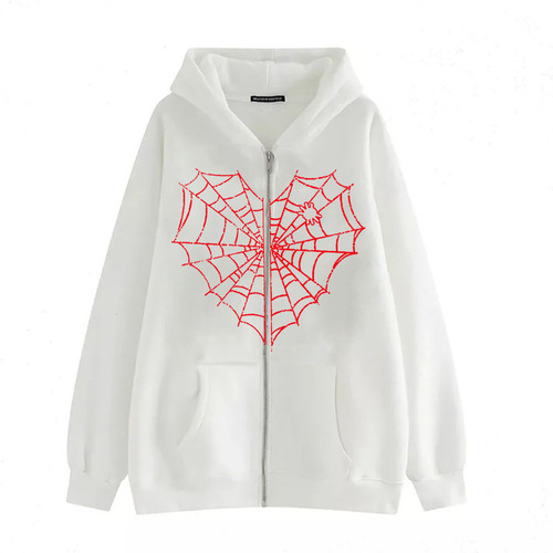 Spiderweb Print Hooded Sweatshirt Personal Casual Zipper Jacket European and American Trend Plus Size Women's Clothing