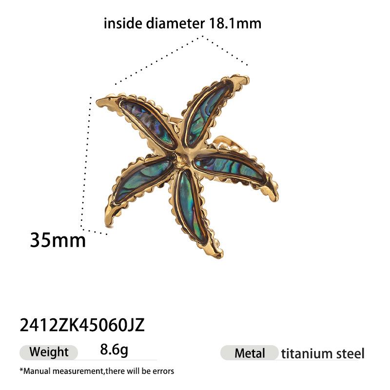 Anillo de acero inoxidable europeo y americano Taina, sentido de nicho de alta gama, estrella de cinco puntas para damas, pendientes de concha con incrustaciones, joyería de mano de lujo ligera