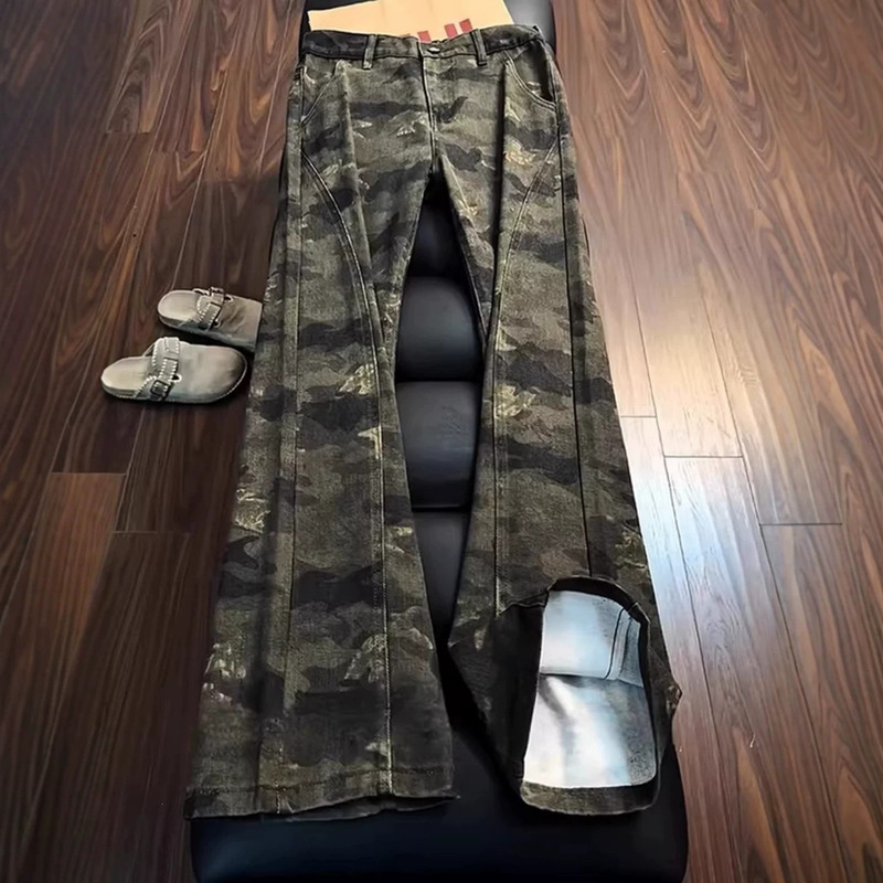 American High Street Retro Diagonal Cut Camouflage Jeans for Men, New Summer Style, Straight-Leg, Slightly Flared, Youth Long Pants