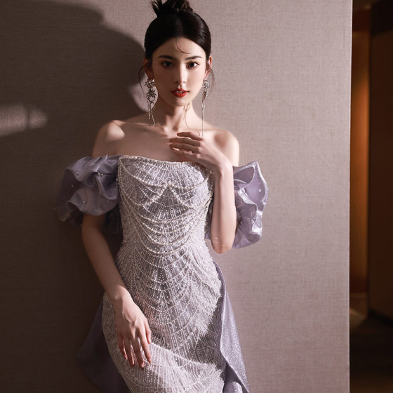 Purple fishtail evening dress 2024 new heavy pearl French host off-shoulder toast dress light wedding dress