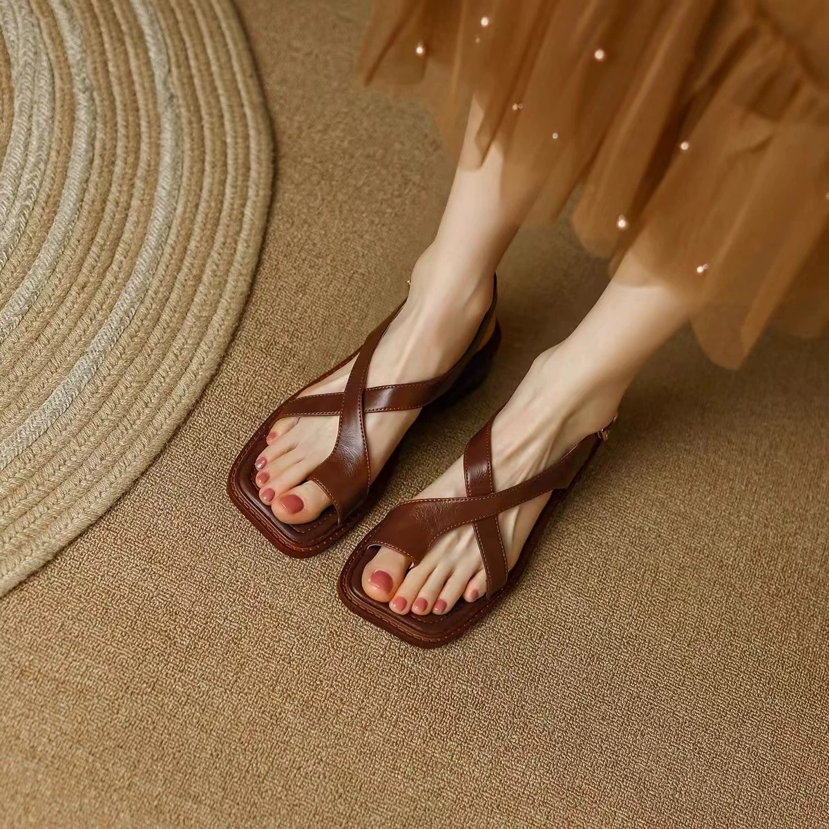 Retro brown beach black sandals with a strap, french style, thin strap