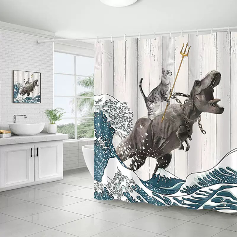 Divertida cortina de baño valiente gato sostiene tridente flecha montar tiburones en las olas ballenas gatos cortina de baño conjunto baño