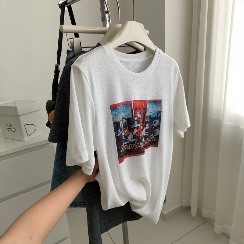 American Retro Carousel Print Short-Sleeve Women's T-Shirt, Summer Thin Cotton with a Linen Feel, Korean-Style Cartoon T-Shirt, Base Shirt American Retro Carousel Print Short-Sleeve Women's T-Shirt, Summer Thin Cotton with a Linen Feel, Korean-Style Cartoon T-Shirt, Base Shirt