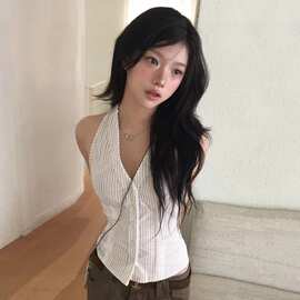 韩系花边条纹挂脖吊带背心女外穿夏季单排扣修身收腰美背无袖上衣