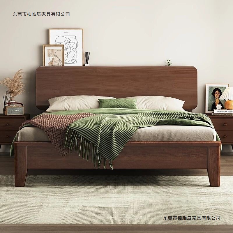 All-solid wood bed, North American black walnut double bed, simple master bedroom large bed, bedroom furniture, modern minimalist low box bed