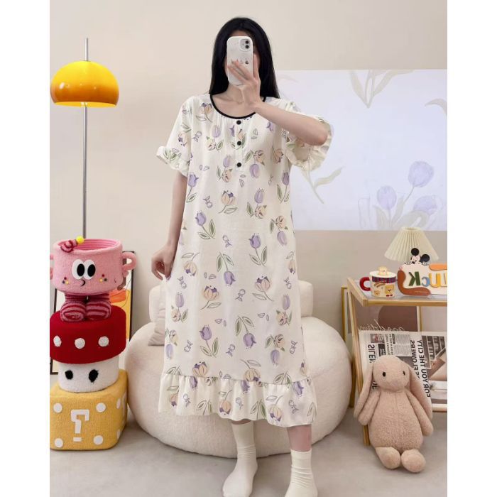 Camisón transfronterizo verano nuevo estilo femenino falda larga de manga corta dulce y linda nube de algodón estilo simple pijama de cuello redondo se puede usar afuera