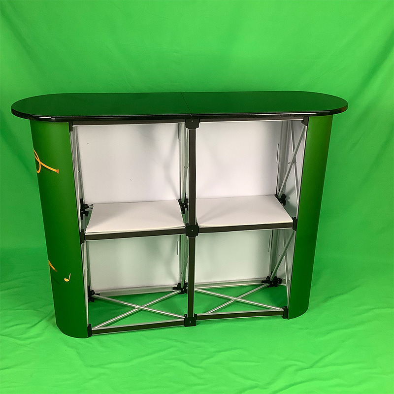 Mesa de promoción de malla de tracción arqueada personalizada exposición centro comercial placa de pintura de absorción recepción de recepción estante de publicidad de lujo stand