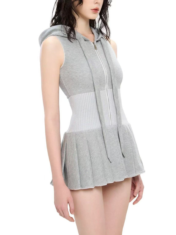 LSOU* 25aw 白色无袖百褶裙夏季连帽时尚甜酷收腰裙通勤约会女装|undefined