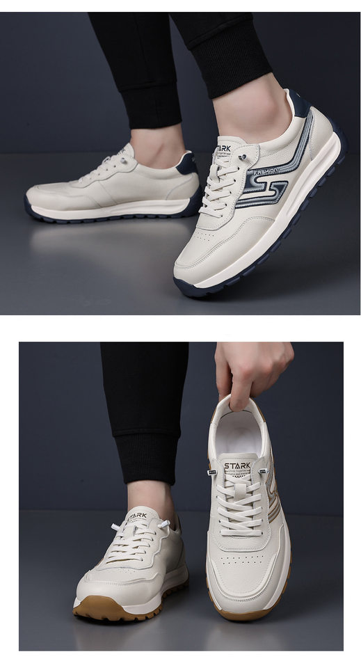 Giày sneaker nam da bò lớp đầu, kiểu Forrest Gump, da thật mỏng nhẹ thoáng khí, đế xốp, cổ thấp — Hạnh nhân trắng, Trắng xanh chi tiết 14