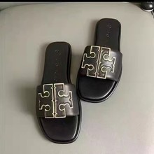 TB皮革拖鞋美国女士拖鞋大牌一字拖时尚slippers欧美跨境平底鞋女