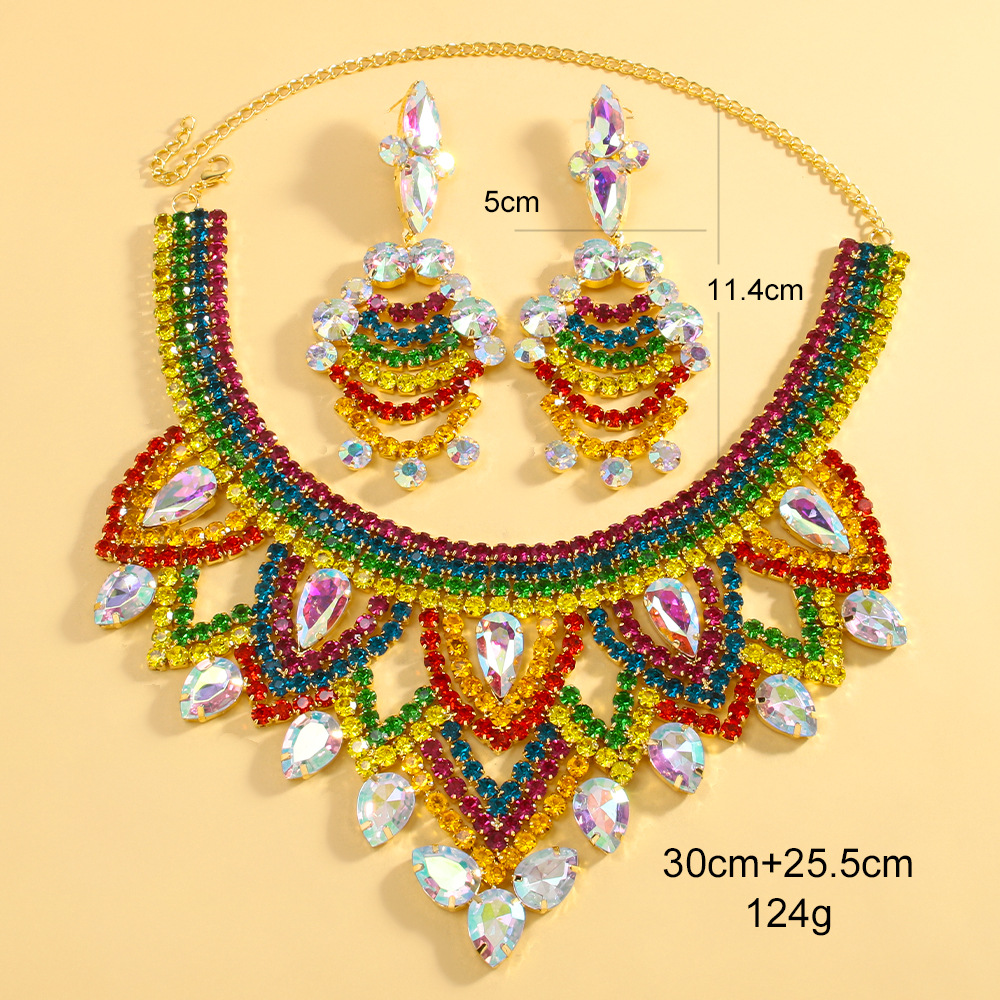Conjunto de joyería de gota de fuego transfronterizo exagerado de diamante de color cadena de clavícula pendientes de bordas conjunto de joyería para mujeres