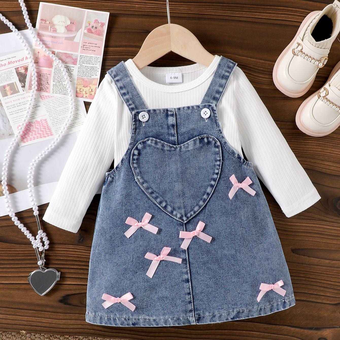 Spring Autumn Ribbed Long Sleeve Cute Bow Denim Set Toddler Girls Overall Dress Two Pieces_voghion.com