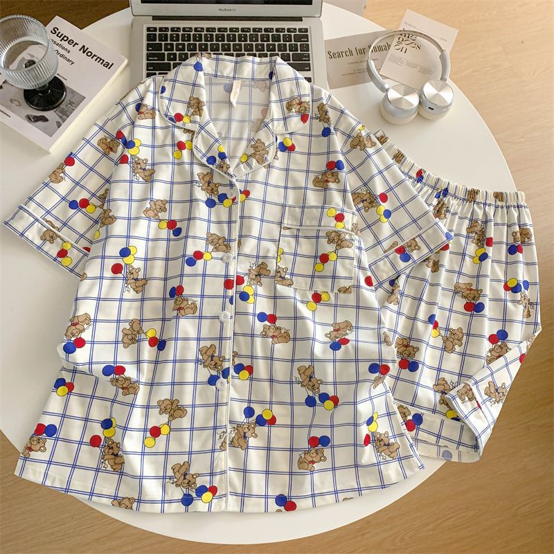 Algodón al por mayor transfronterizo coreano inns dulce osos pijamas mujeres cardigans de verano mangas cortas 2026 nueva ropa para el hogar