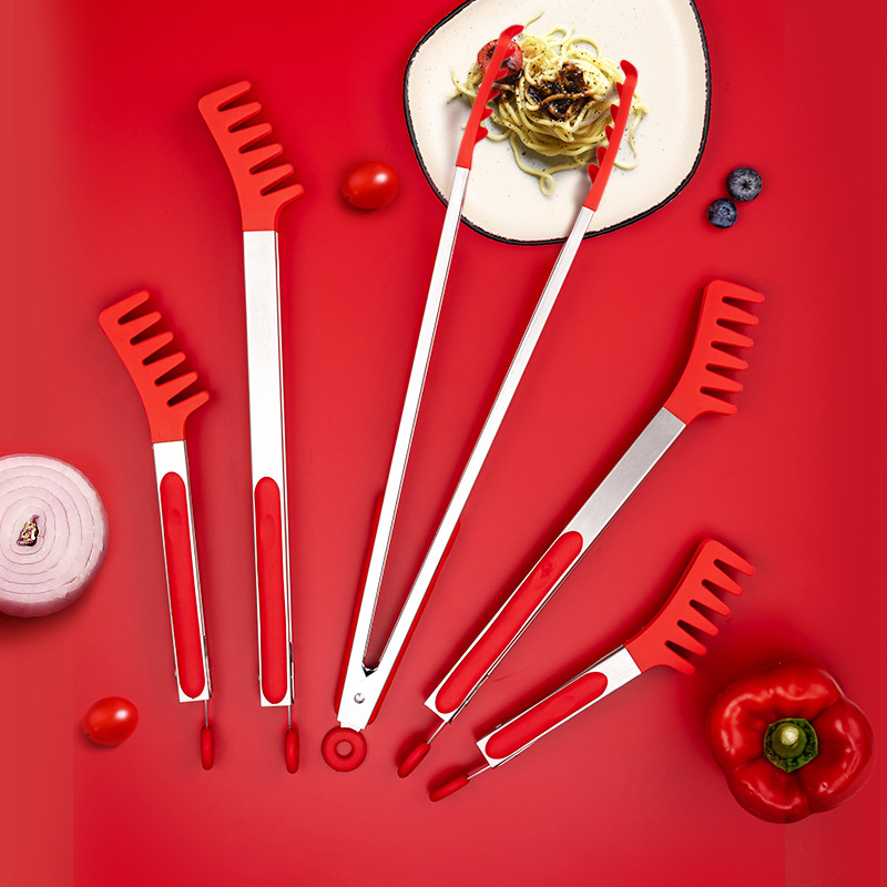 Pinzas para alimentos de silicona y acero inoxidable, pinzas para fideos, pinzas para ensaladas frías, pinzas para buffet, pinzas de cocina, aptas para alimentos.