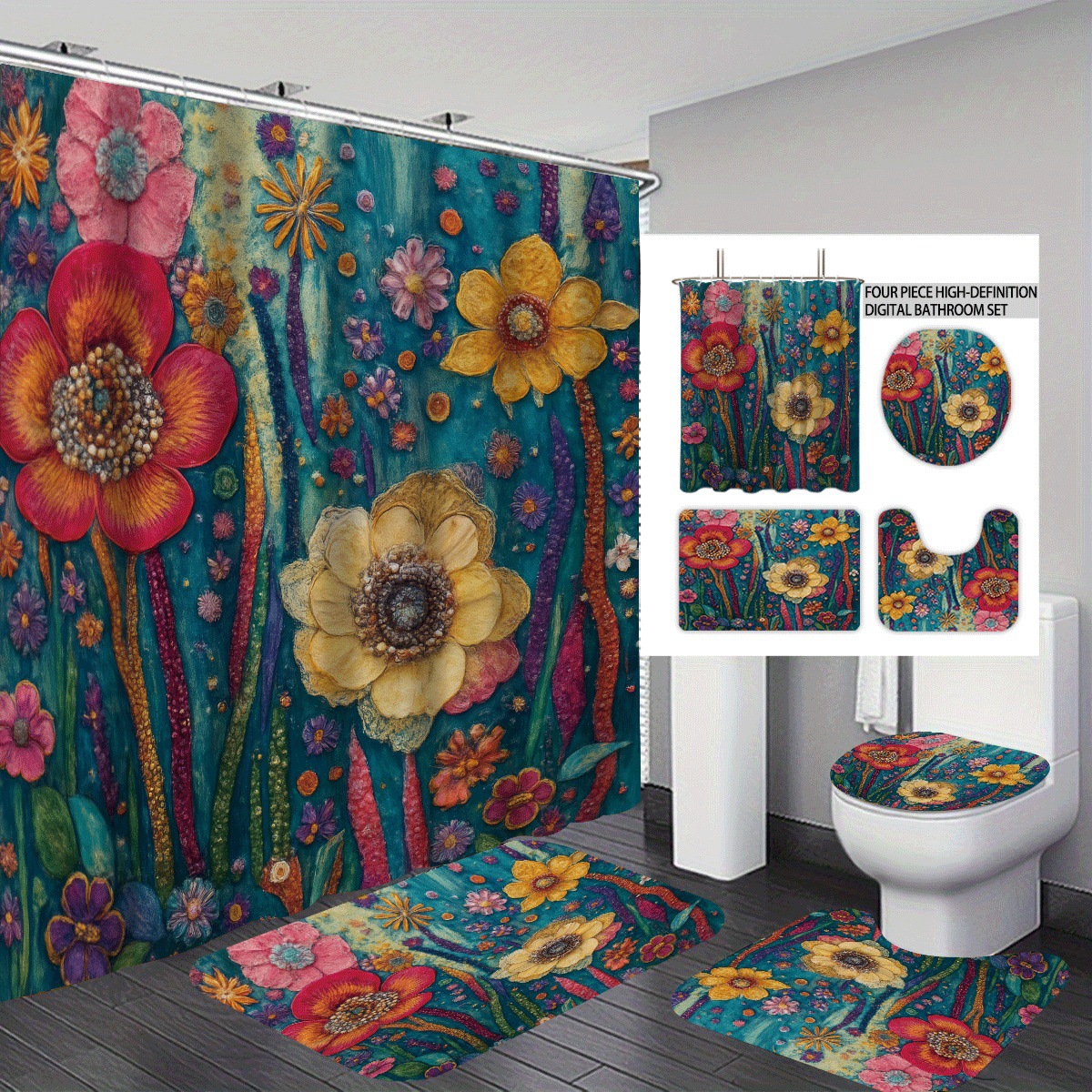 Agente de poliéster Mei Ke más cortina de baño impermeable serie de agua floral 3D impresión digital cortina de baño cuatro piezas alfombra absorbente