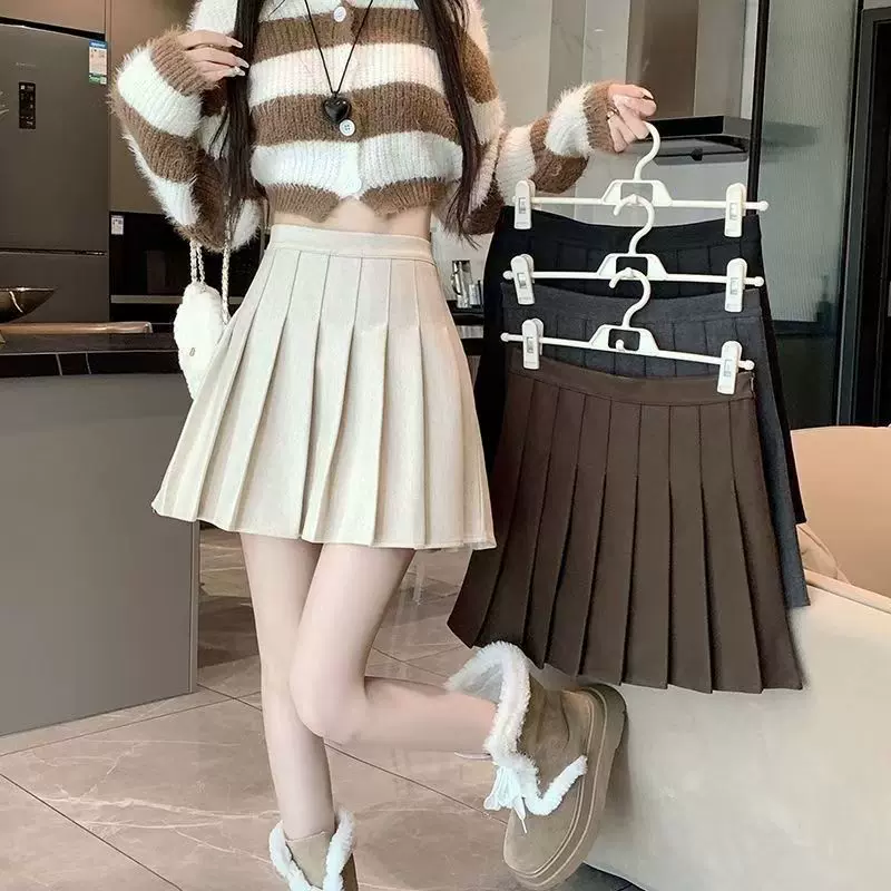 黑色毛呢百褶裙女2024秋冬款高腰显瘦防走光jk半身裙春秋a字短裙
