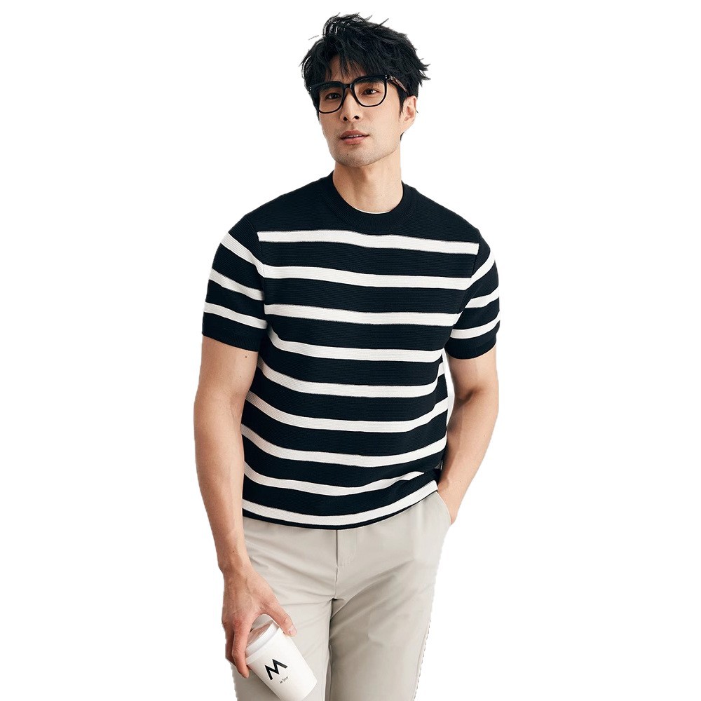 Prendas de punto de manga corta a rayas para hombres, seda de hielo de verano, traje delgado de negocios británico, camiseta interior, comercio exterior, venta al por mayor transfronteriza