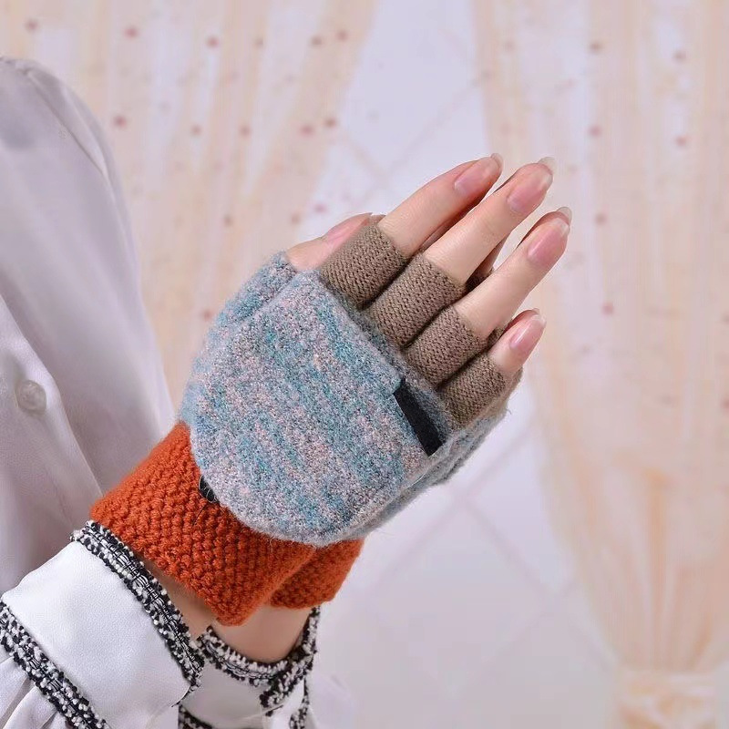 Half-finger gloves with winter warmth retention, fleece anti-cold knitting student writing touch screen cycling finger exposure female 