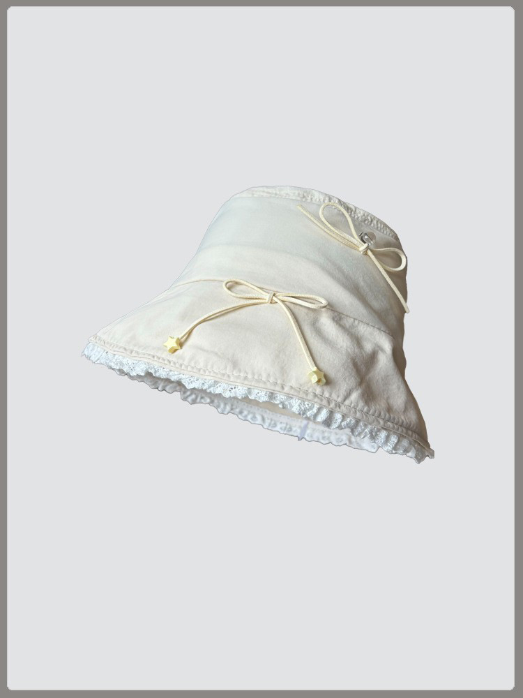 Sombrero de pescador de color sólido para mujeres primavera y otoño dulce lindo encaje arco gorra de cubo callejera cara pequeña gorra de bacon grande