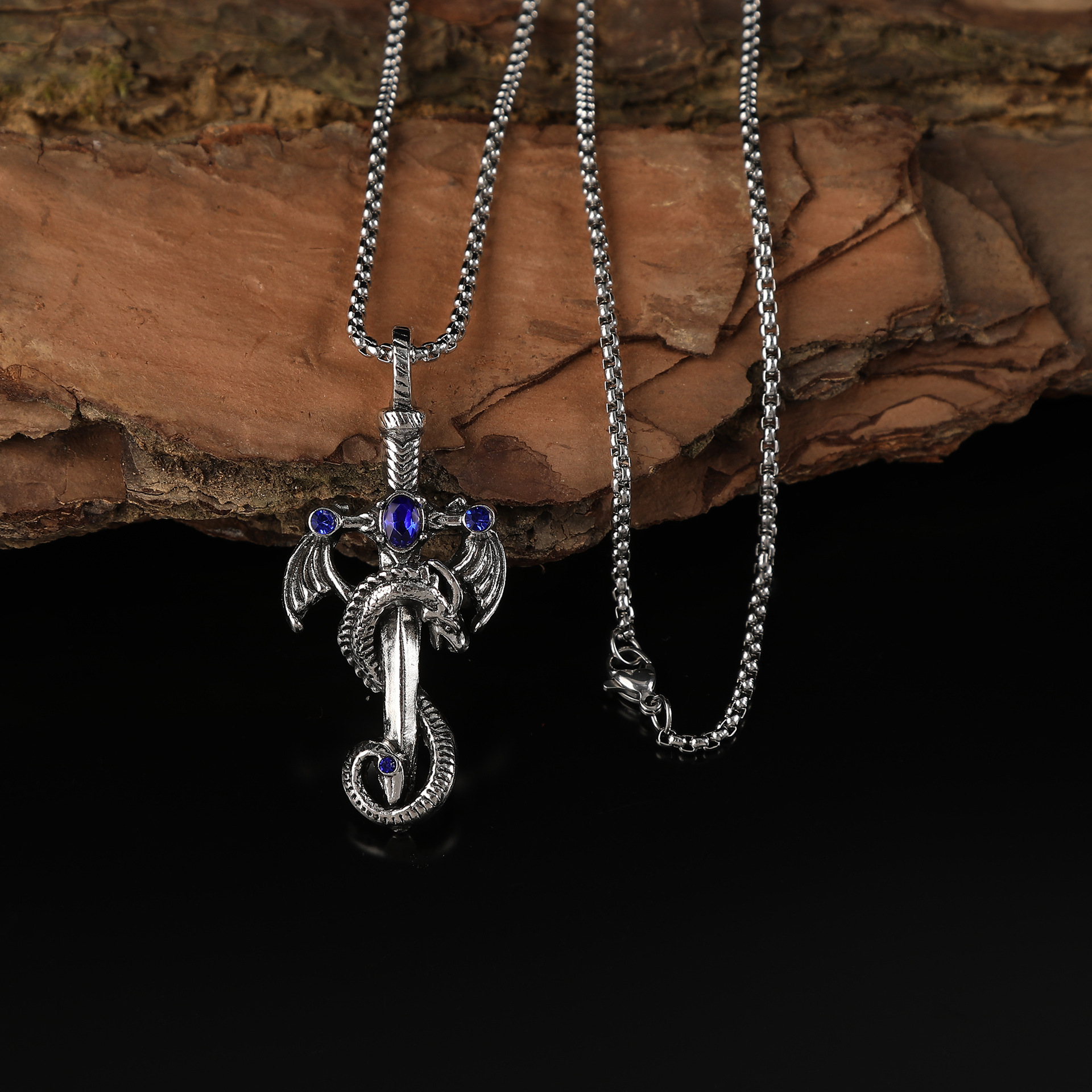 블루+실버 사각 비드 체인