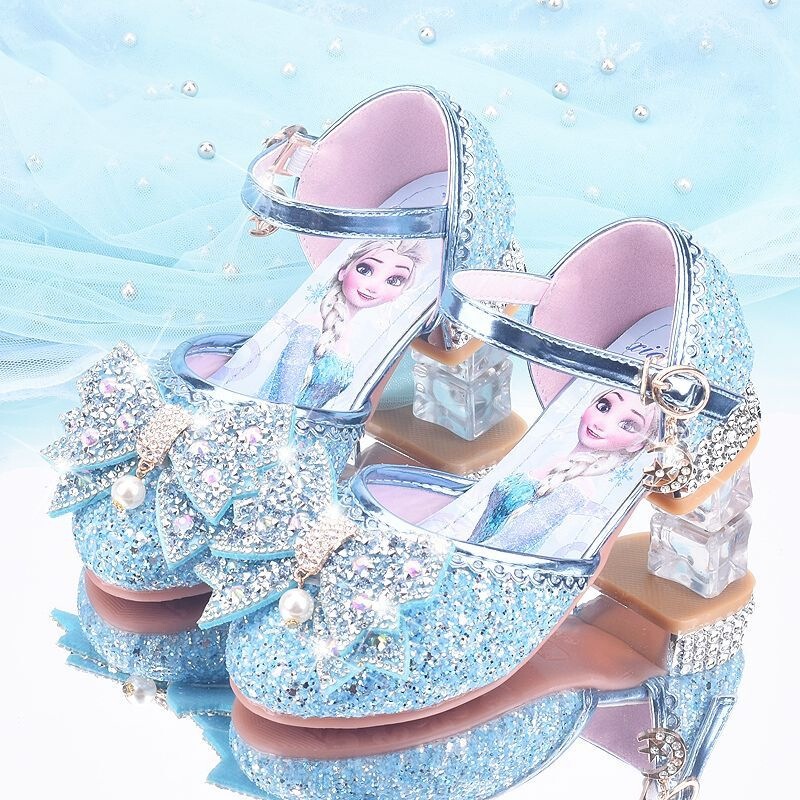 Princess Elsa Sandals for Girls, Spring and Autumn High-Heeled Shoes, Children's Frozen Crystal Shoes, Performance Leather Shoes, Space Leather