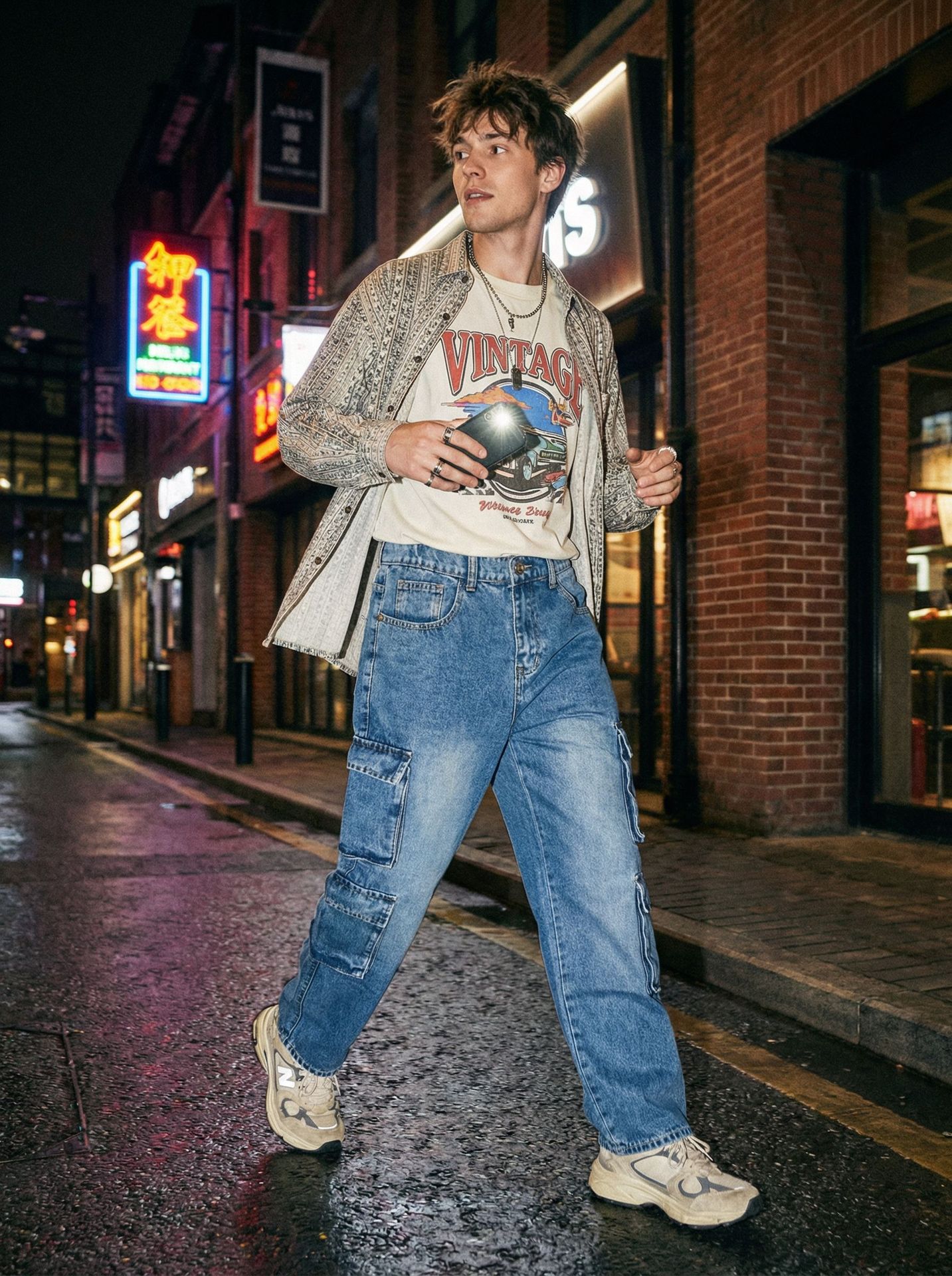 Jean cargo homme coupe droite ample taille haute style rétro_voghion.com