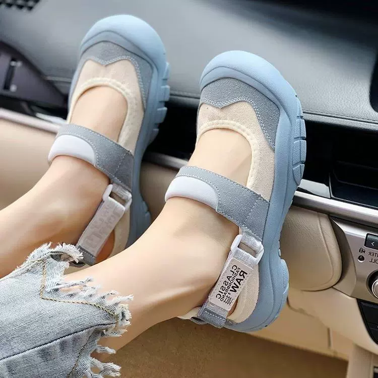 Уродливые милые сандалии на липучке для женщин 2024 лето новый корейский стиль толстая подошва повседневная мягкая подошва с мелким ртом Спортивная парусиновая обувь