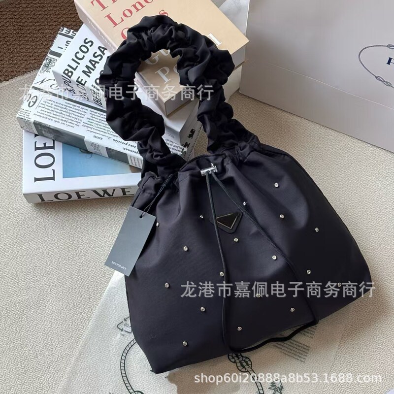 Vip Direct Supply Cross-Border Triangle Badge Full Diamond Embellished Handbag Drawstring Pleated Bag Women's Bag Solid Color Korean Style