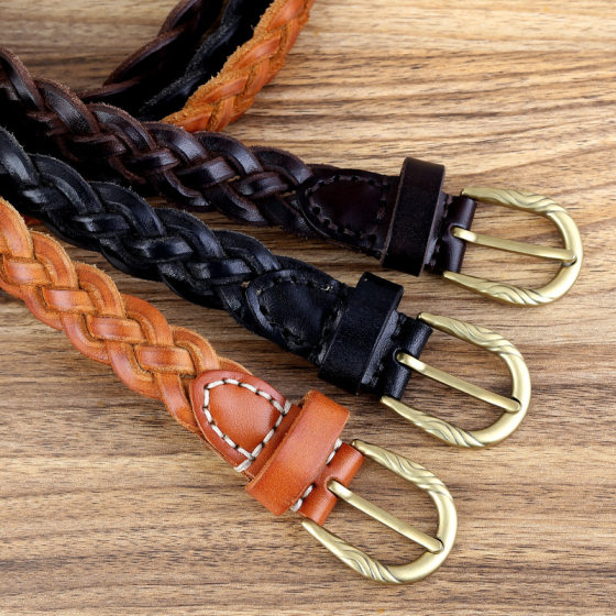 2025 New Vintage Hand-woven Leather Women's Belt All-match Pin Button Decorative Jeans Belt in stock