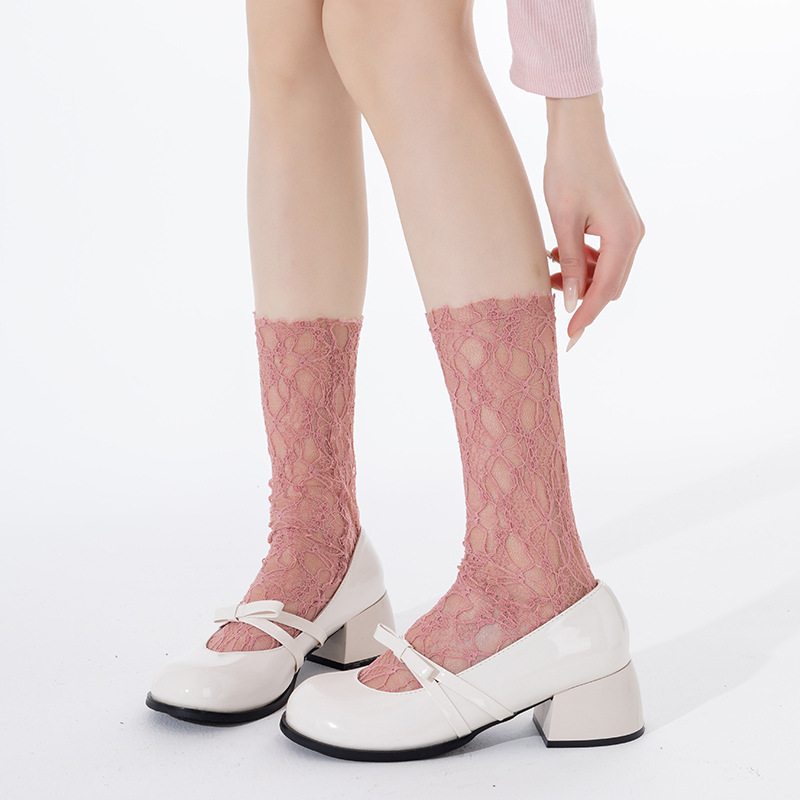 Calcetines de tubo de pila de malla fina de verano Calcetines de encaje blanco lolita para mujer Calcetines de malla estilo ballet miu