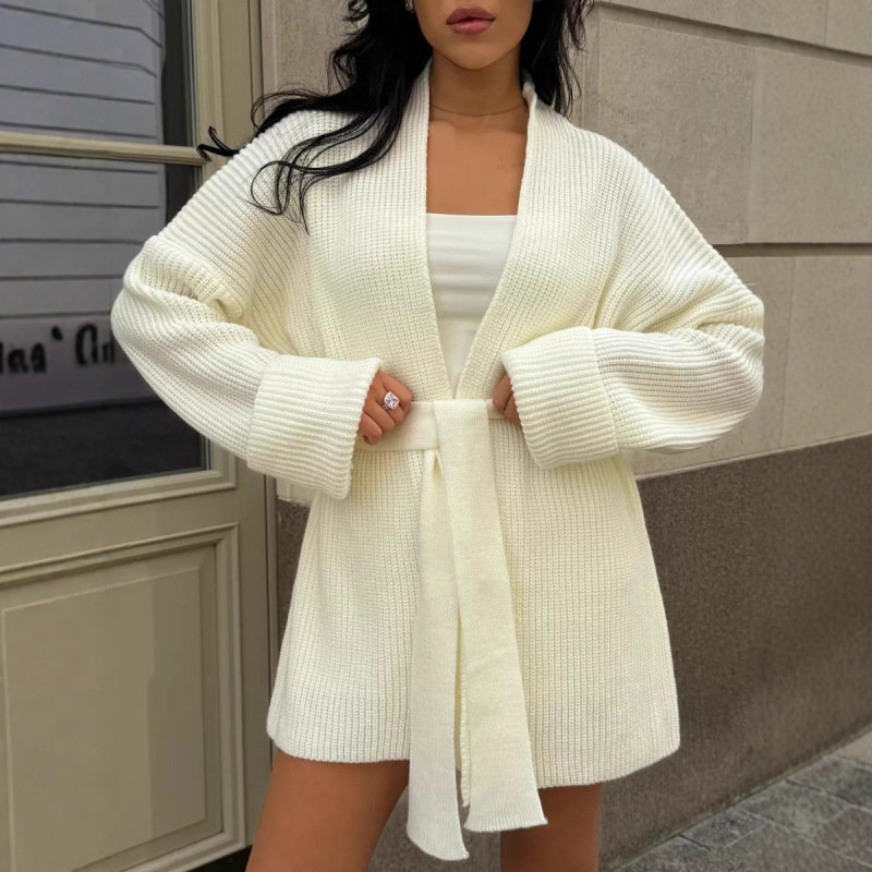 跨境欧美风纯色中长款针织衫毛衣女秋冬季和服系腰带针织开衫外套|undefined