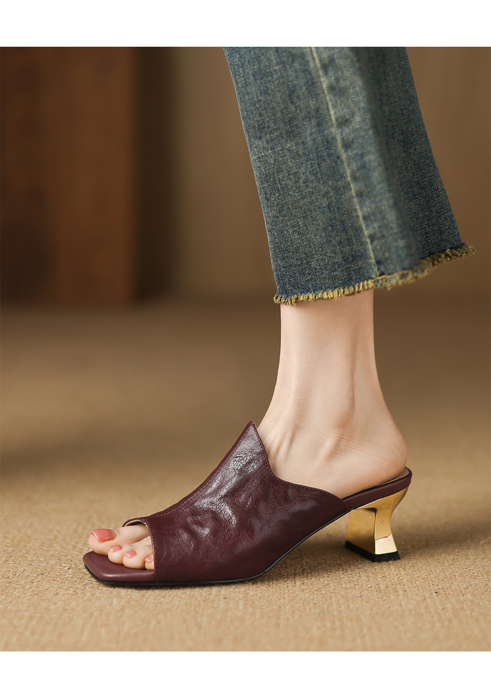 Sandal cao gót nữ hở mũi quai ngang da cừu gót 5 cm — đen chi tiết 12