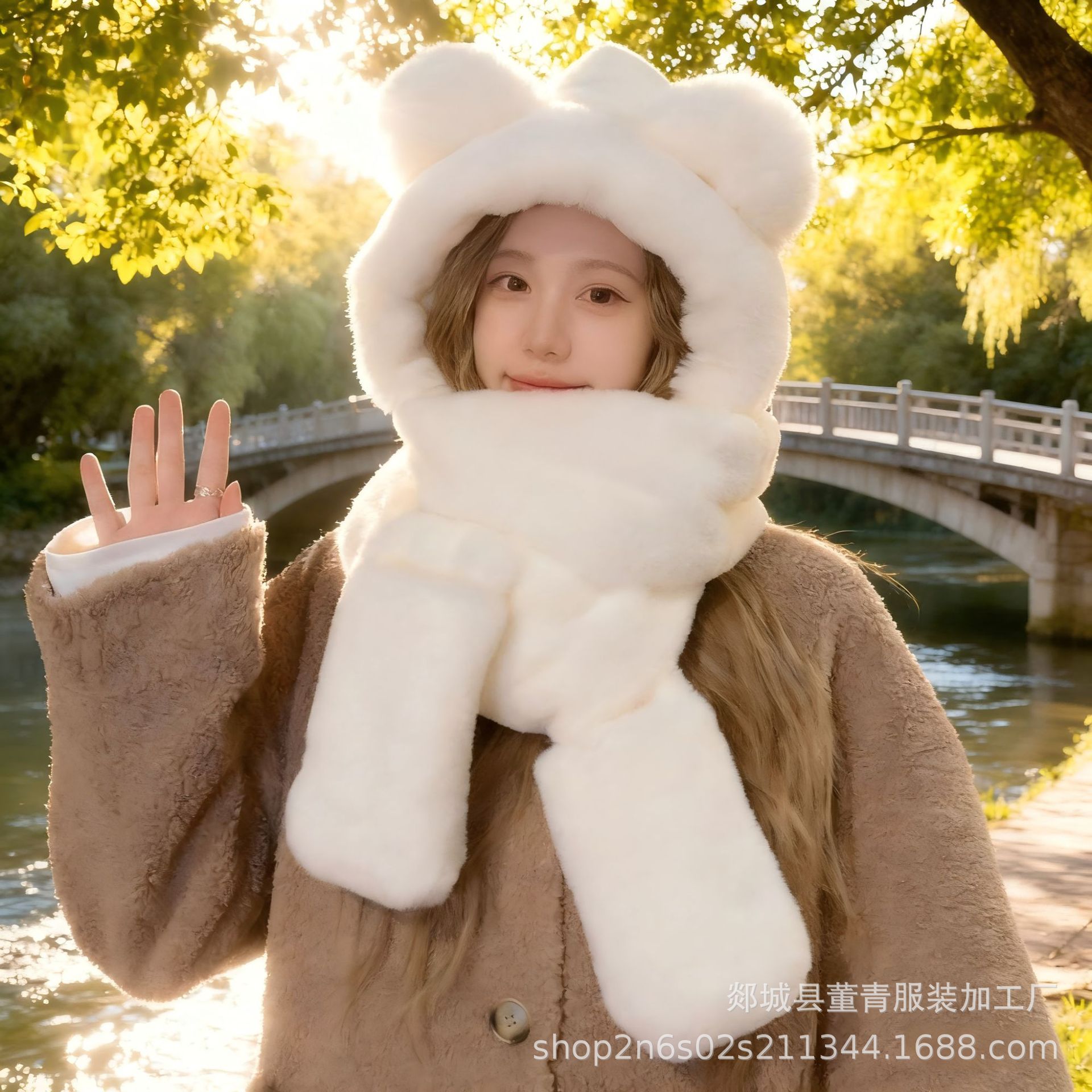 New Plush Bear Hat Autumn and Winter Women's Scarf Gloves All-In-One Winter Scarf to Heattech in Winter Thickeneded Two-Piece Set