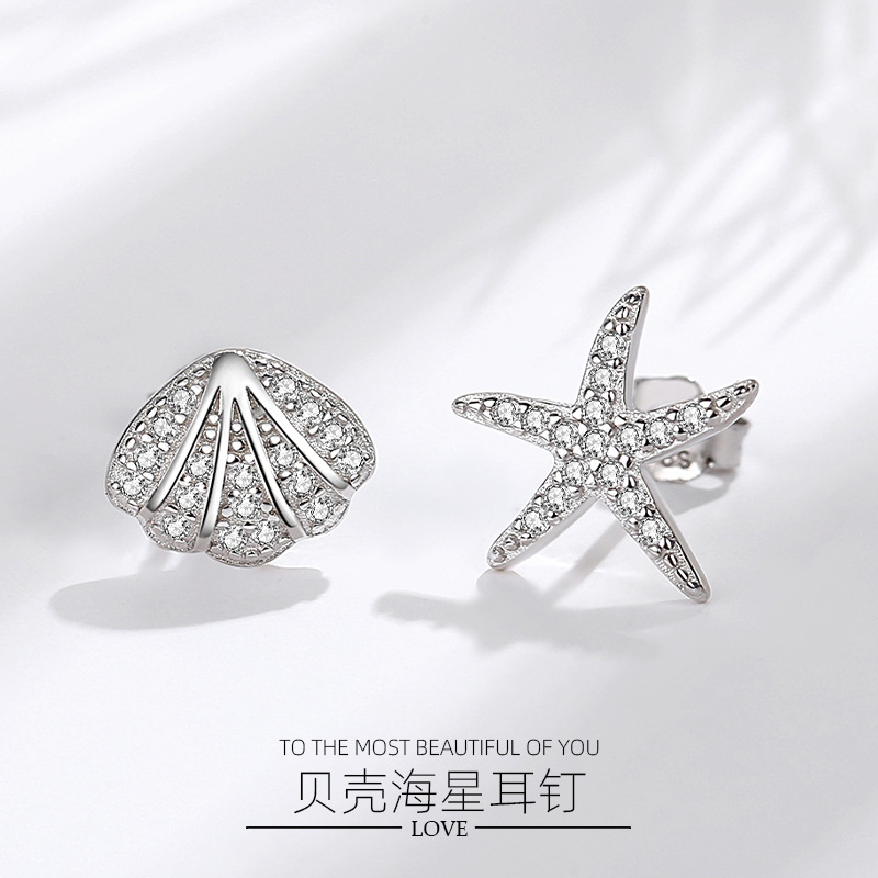 S925 plata esterlina Shell Starfish Stud pendientes para mujeres estilo japonés y coreano diamante completo diseño creativo asimétrico pendientes ins estilo