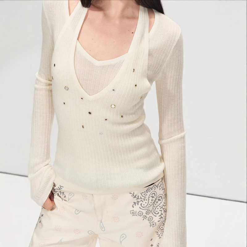 Prr 2026 Early Spring New Style Fine Glitter Halter Neck Faux Two-Piece Heavy-Duty Hand-Sewn Sequin Long-Sleeve Top Versatile Base Shirt