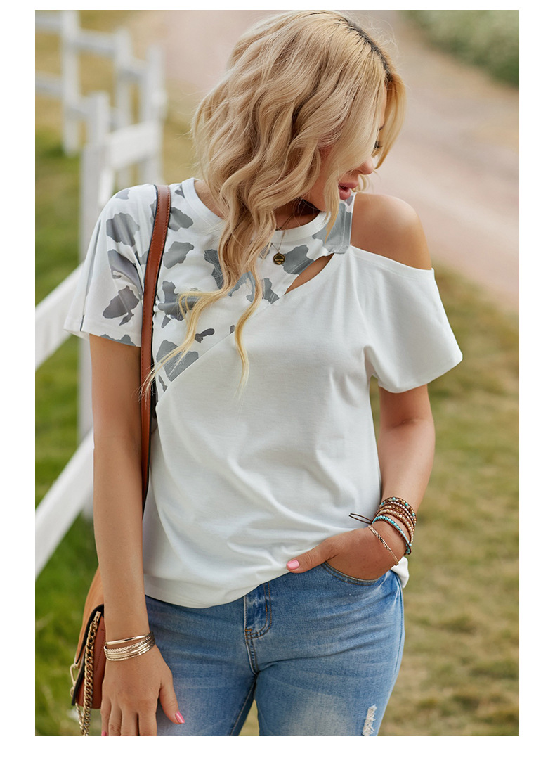 round neck off-the-shoulder hollow short sleeve cow pattern contrast color t-shirt NSSI130450