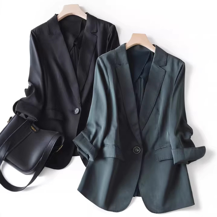 Light Luxury High-End Heavy Silk Slim-Fit One-Button Commuter Blazer with Three-Quarter Sleeves for Women, New Summer Style