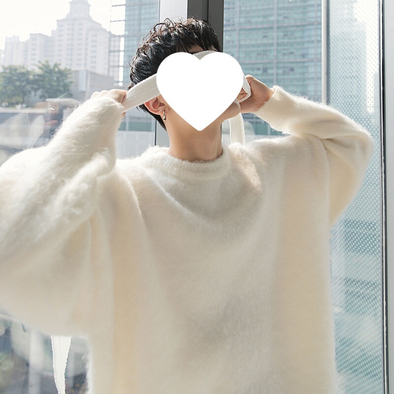 Autumn and Winter Boyfriend Style Thickened Loose Lazy Style Knitted Shirt Simple Solid Color Round Neck White Sweater Men's Korean Style Trendy