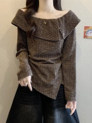 美拉德咖色一字肩长袖t恤女2025秋季大码胖mm掐腰显瘦不规则上衣