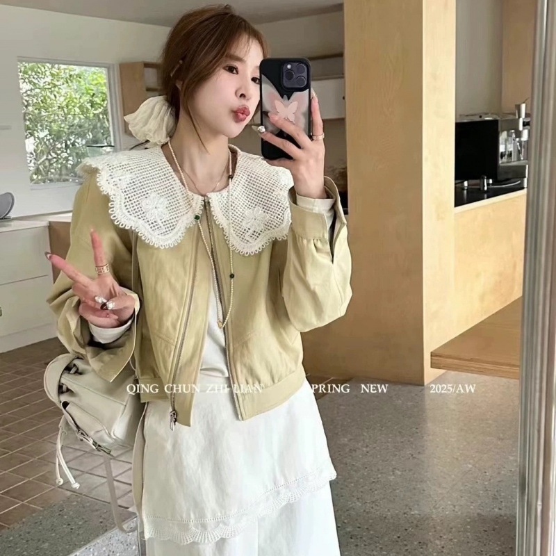 New Doll Collar 2025 Western Style Korean Lace Splicing Leather Jacket Spring & Fall Short Style Versatile for Small People