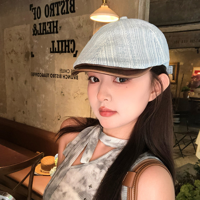 日系复古条纹拼色牛仔前进帽女夏季百搭显脸小贝雷帽报童画家帽子|undefined